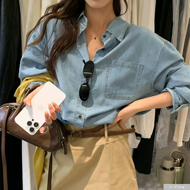 누아 오버핏 데님 카라넥 하프 셔츠 2col 가을 봄 루즈핏 박시 코튼 빈티지 제이플로우 - 상품 이미지