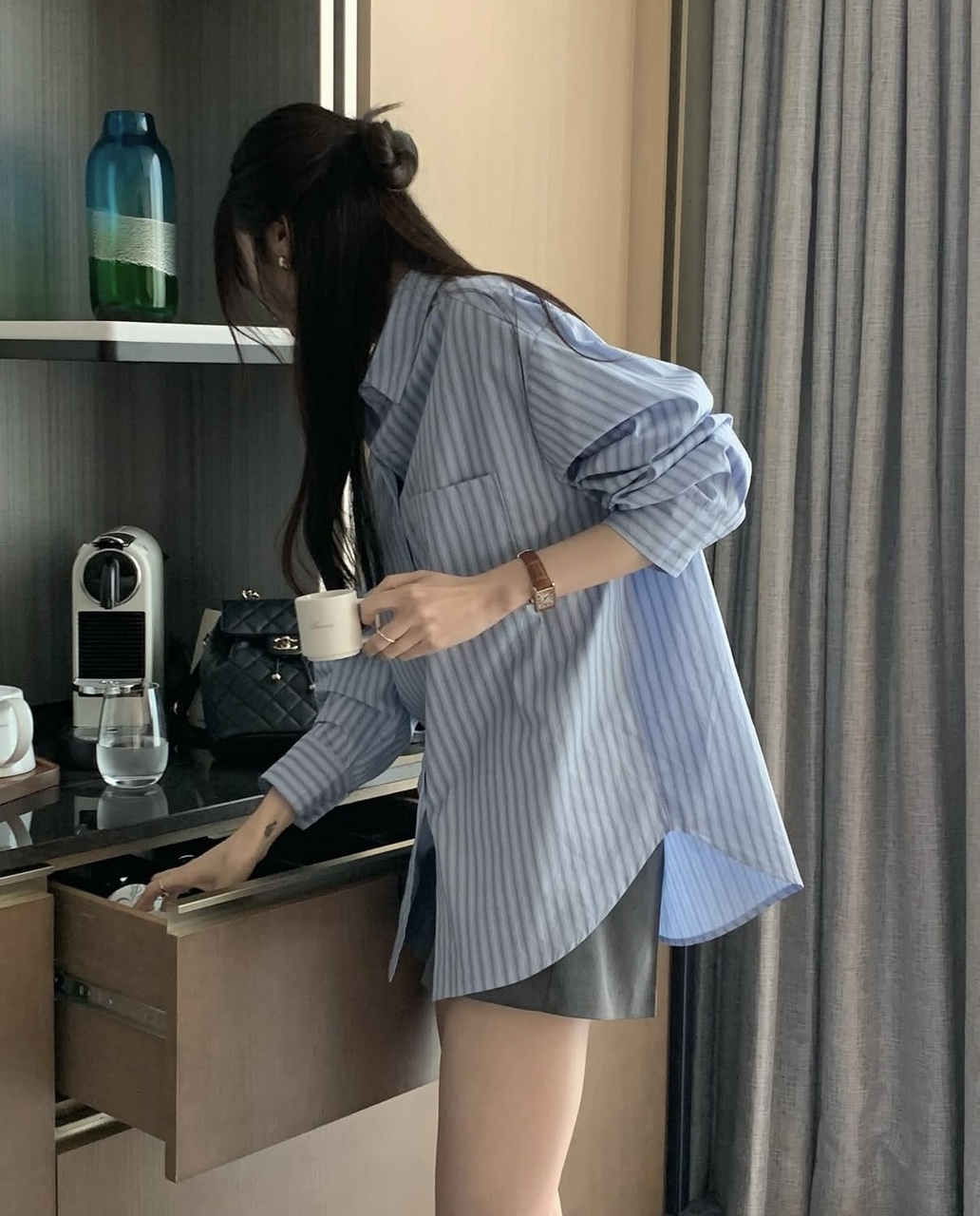 데일리 오버핏 스트라이프 코튼 셔츠 남방 - 상품 이미지