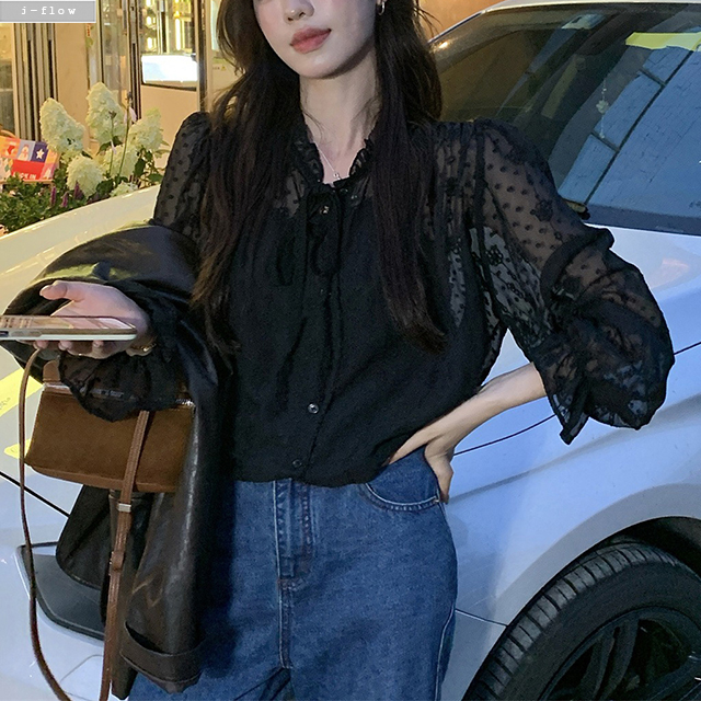 발레 프릴 자수 시스루 쉬폰 루즈핏 매듭 블라우스 2col 가을 봄 밴딩 벌룬 제이플로우 - 상품 이미지