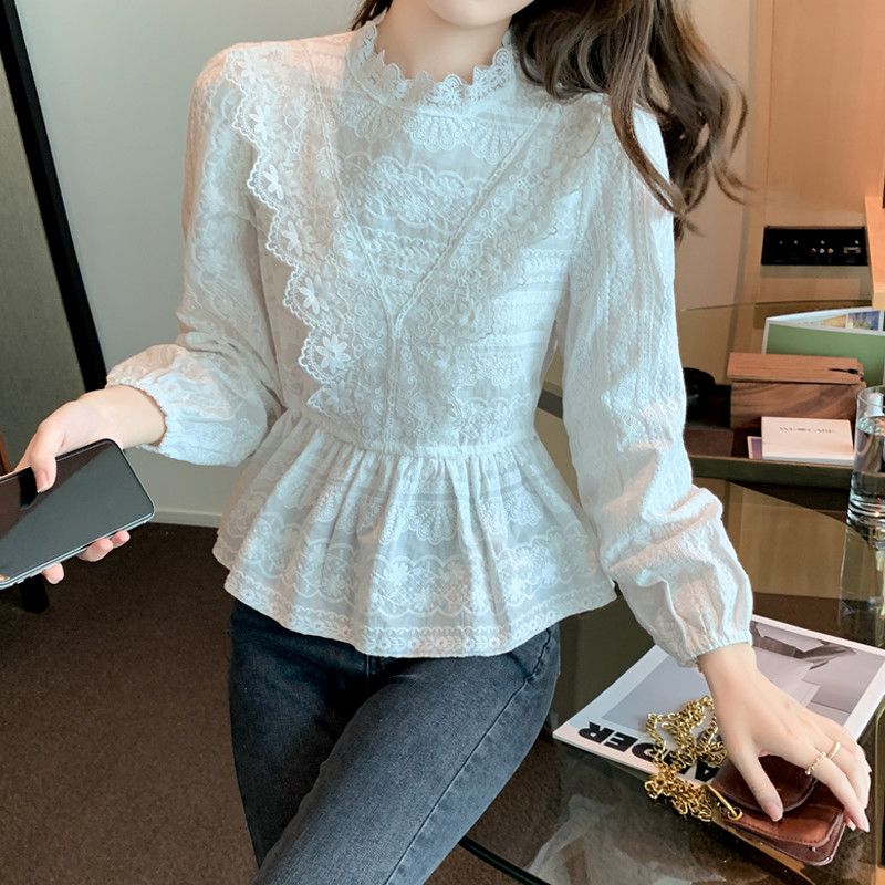 여성 쉬폰블라우스 긴팔 프릴 디자인 레이스 디테일 우아한 스타일 가을 겨울 데일리 엉덩이 커버 허리 슬림핏 페미닌 매력적 코디 아이템 - 상세 이미지 3