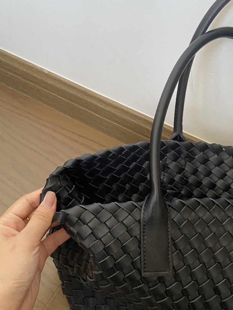 여성 위빙 쇼퍼백 가죽 핸드메이드 심플 숄더 대용량 블랙 브라운 - 상세 이미지 4