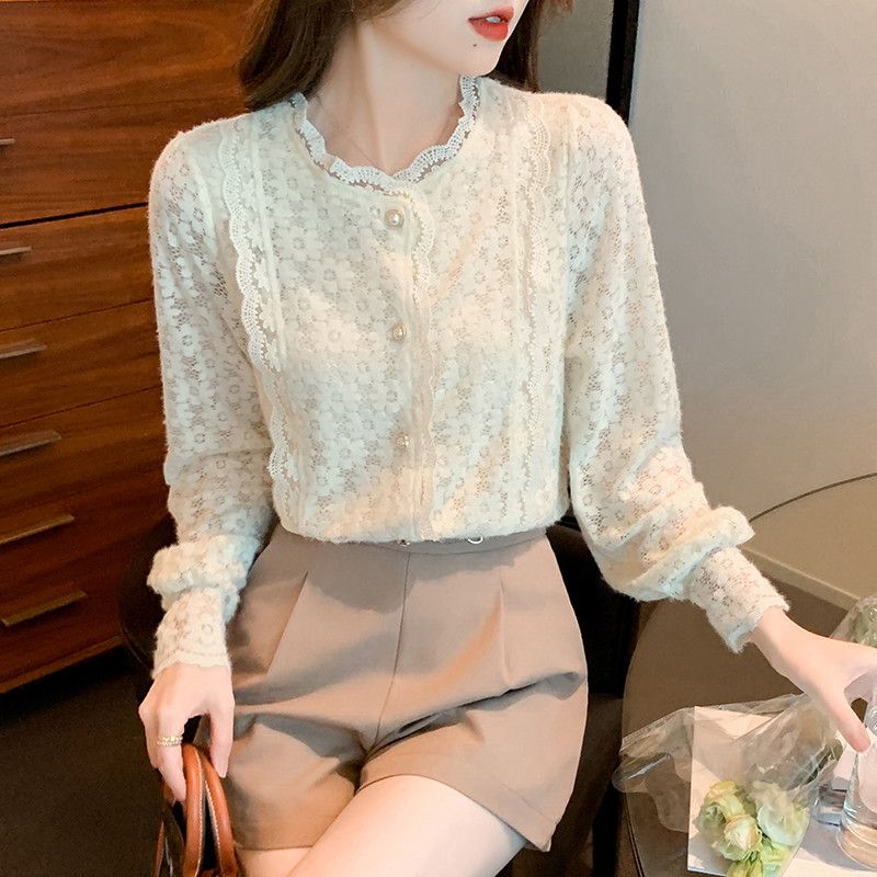 레이스 긴팔 블라우스 가을 여성 레이스 슬리브 우아한 스타일 데일리 착용감 좋은 데이트룩 캐주얼 셔츠 - 상세 이미지 3