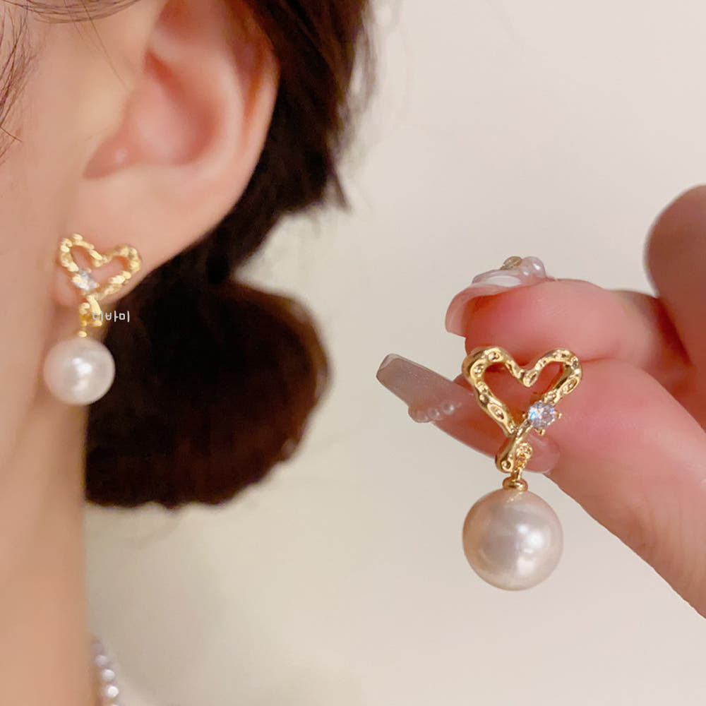 S925 하트 드롭 14K 왕진주귀걸이 은침 화사한 이어링 이미지 7