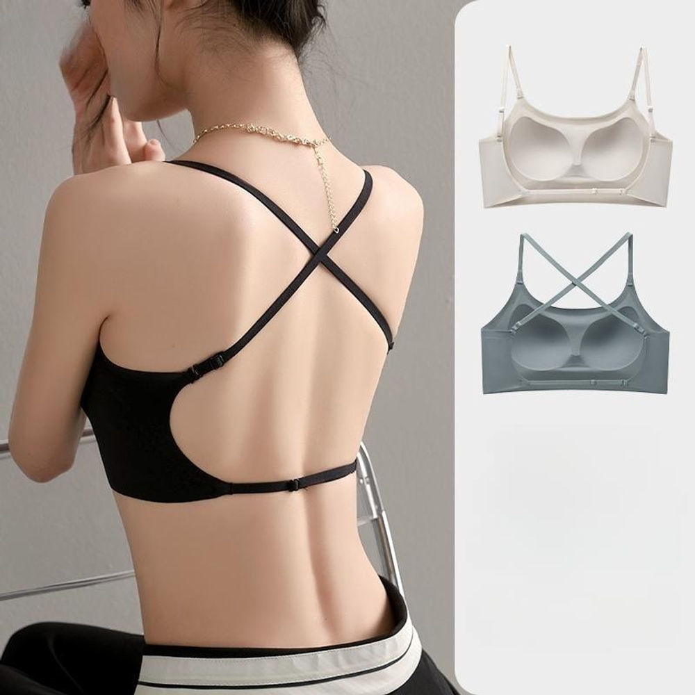 백리스 브라탑 여름 브래지어 브라 속옷 골지 스포츠 수면 새가슴 스포츠브라 뽕 등파인 크롭 블랙-블랙 S(70A-70B) - 상세 이미지 4