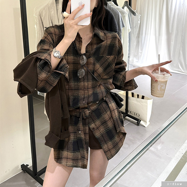 가십 롱 하프 체크 벨트 블라우스 셔츠 3col 가을 봄 미니원피스 루즈핏 제이플로우 - 상품 이미지
