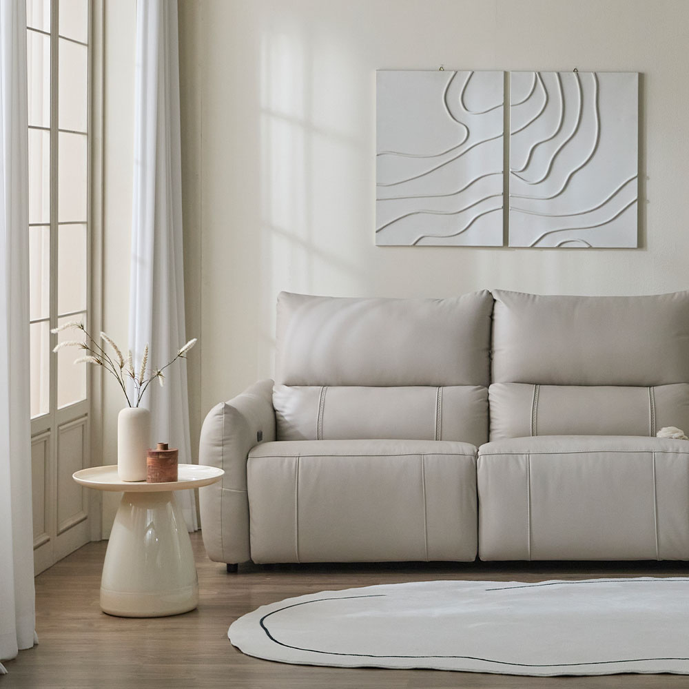 헤르짐머 모덱스 천연 가죽 3좌석 전동 리클라이너 소파 스툴미포함, 아이보리, 3인용