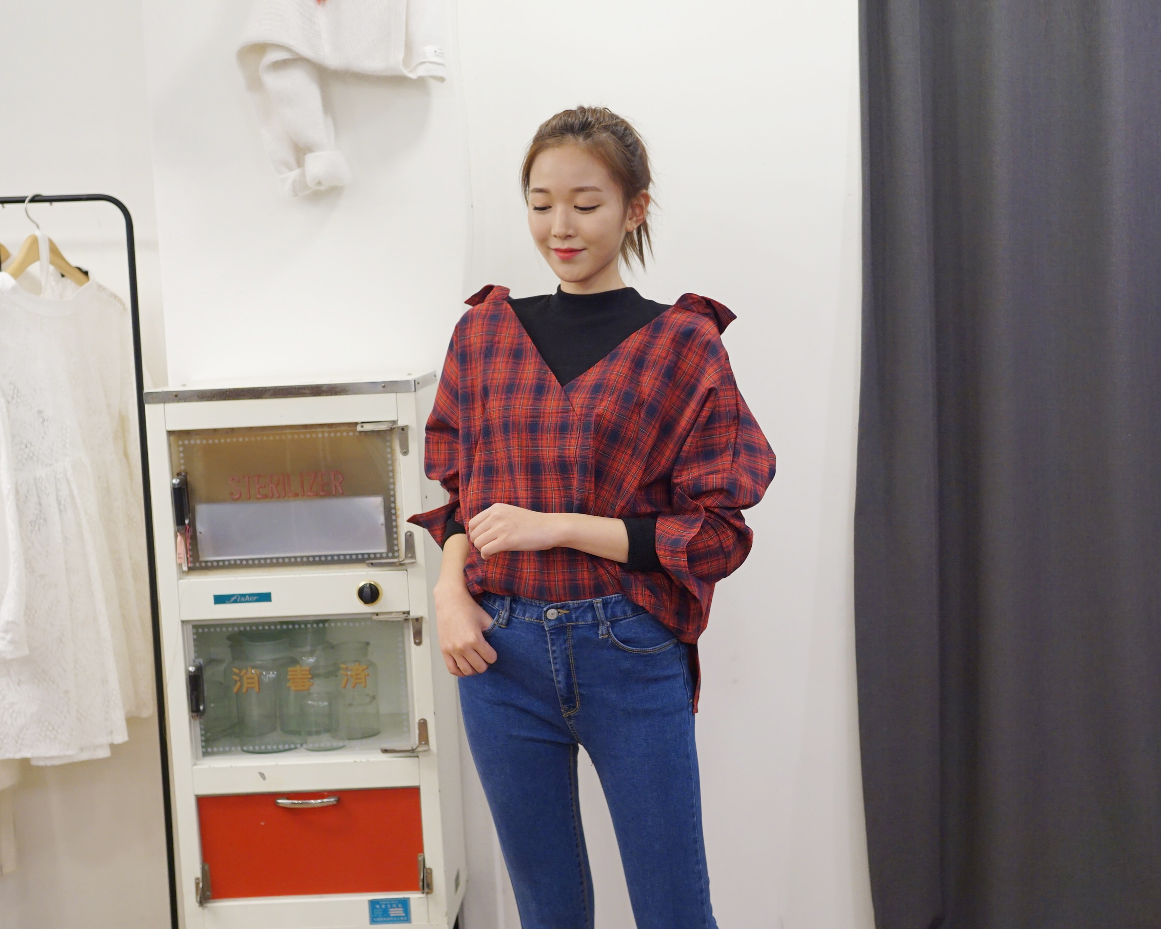 하이넥 레이어드 체크셔츠 이미지 2