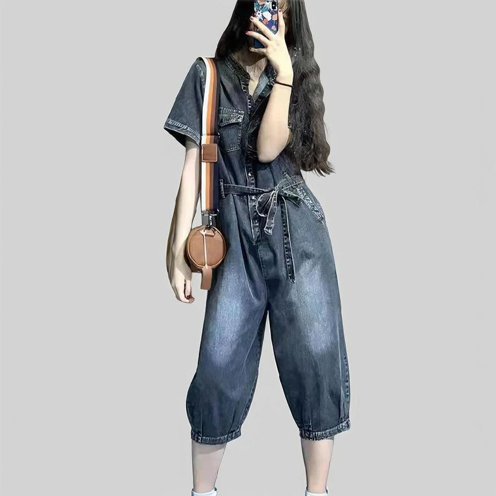 루즈핏 반팔 데님 점프수트 7부 와이드 bying24 - 상품 이미지