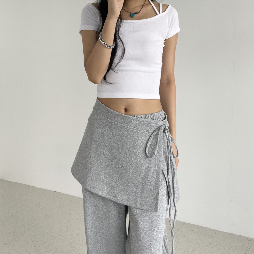 레이어드 치마바지 랩스커트팬츠 스트링조거 밴딩 와이드 트레이닝팬츠 여성 통바지 트레일랩 - 상세 이미지 3