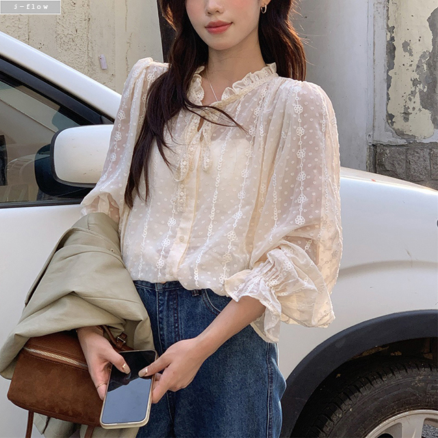 발레 프릴 자수 시스루 쉬폰 루즈핏 매듭 블라우스 2col 가을 봄 밴딩 벌룬 제이플로우 - 상세 이미지 2