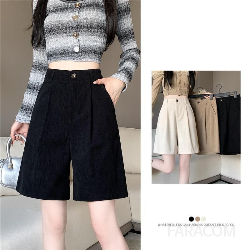 여성 겨울 코듀로이 하이웨이스트 와이드 팬츠 미디 길이 캐주얼 스타일 편안한 착용감 데일리룩 따뜻한 무드 부츠와 매치하기 좋은 반바지 - 상세 이미지 4