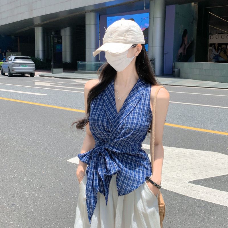 여름 여성 슬림핏 브이넥 나시 플레드 조끼 스타일리시한 민소매 이너웨어 시원한 착용감 데일리 탱크탑 - 상세 이미지 4