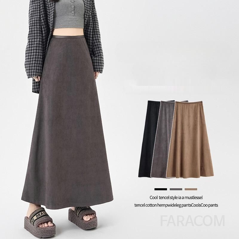 여성 가을 스웨이드 A라인 롱스커트 세련된 스타일 편안한 착용감 데일리룩 하객룩 활용 가능 플레어 디자인으로 우아한 매력 - 상세 이미지 4