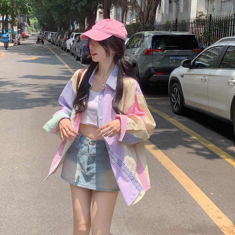 배색 체크 블라우스 트위드배색 루즈핏 브이넥 티블라우스 체크셔츠 스트라이프셔츠 오버핏 마카롱 컬러블록 M - 상세 이미지 4