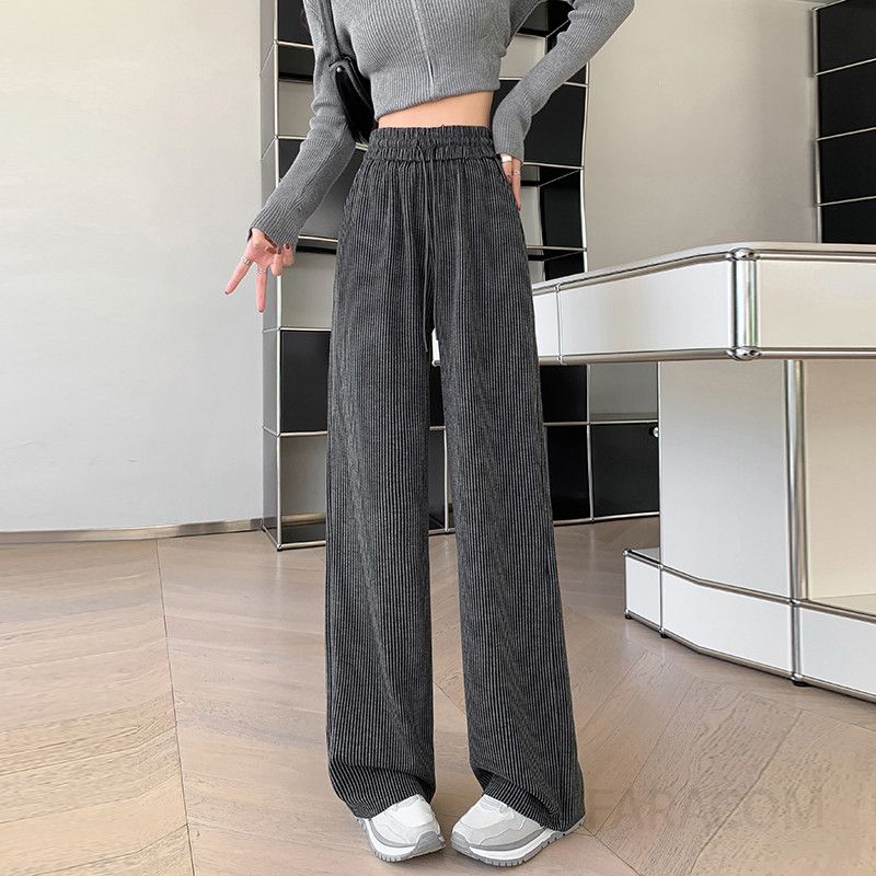 가을 겨울 여성용 모직 울 와이드팬츠 하이웨스트 밴딩 스타일 레트로 드레이프 캐주얼 바지 따뜻한 착용감 편안한 일자핏 데일리 룩 - 상세 이미지 4