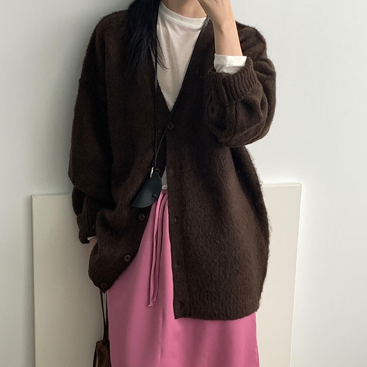 포브 울 가디건 V넥 오버핏 루즈핏 롱 하프 카디건 웨어링무드 (2c)