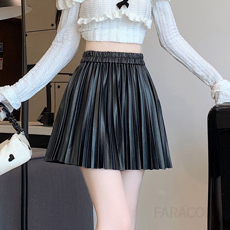 가을 여성 A라인 미니 스커트 PU 레더 플리츠 디자인 슬림핏 하프 렝스 스타일리시한 캐주얼 데일리룩 편안한 착용감 미니멀한 실루엣 - 상세 이미지 3