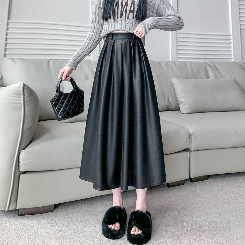 여성 미디 플리츠 스커트 가을용 슬림핏 PU 가죽 소재 A라인 주름 치마 데일리 스타일링 아이템 - 상세 이미지 2