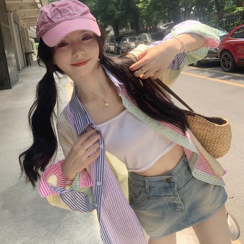 배색 체크 블라우스 트위드배색 루즈핏 브이넥 티블라우스 체크셔츠 스트라이프셔츠 오버핏 마카롱 컬러블록 M - 상세 이미지 2