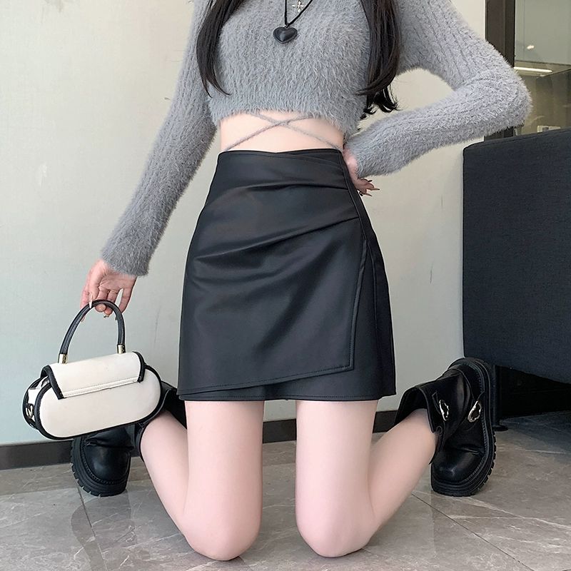 하이웨스트 미니 치마 골지 데이트룩 간절기 학생룩 여성 하의 섹시 미니스커트 셔링 연카키 S - 상세 이미지 5