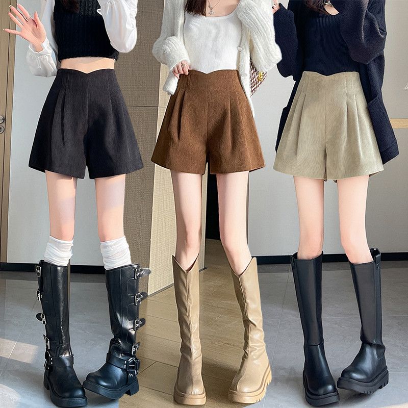 가을 겨울 여성 코듀로이 와이드 반바지 레트로 스타일 부드러운 착용감 데일리 기모셋업 활용 캐주얼 바지 다재다능한 외출용 패션 아이템 - 상품 이미지