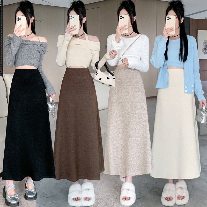 울 플레어 미디 스커트 여성 가을 겨울 슬림핏 드레이프 스타일 감각적 디자인 편안한 착용감 데일리 - 상품 이미지