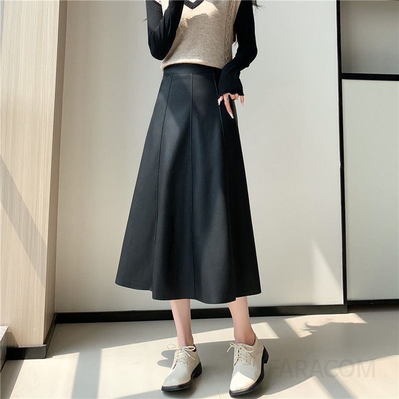 가을 여성 PU 가죽 A라인 플레어 스커트 미디 길이 고급스러운 착용감 데일리룩 활용 우아한 스타일링 매력적인 외출용 - 상세 이미지 4