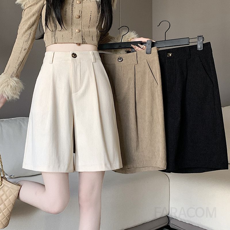 여성 겨울 코듀로이 하이웨이스트 와이드 팬츠 미디 길이 캐주얼 스타일 편안한 착용감 데일리룩 따뜻한 무드 부츠와 매치하기 좋은 반바지 - 상세 이미지 2