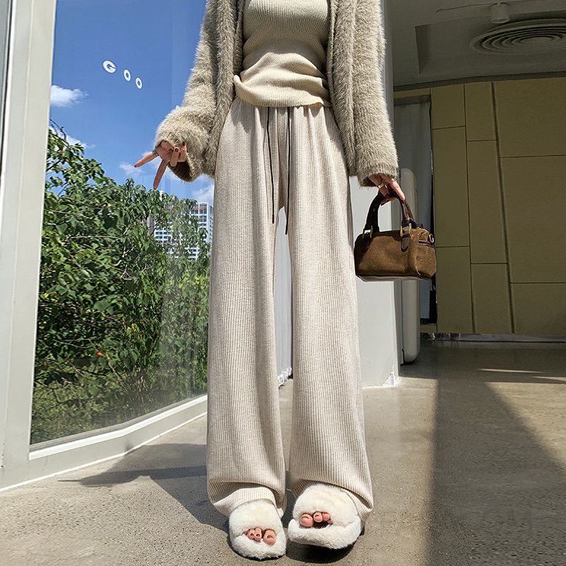가을 겨울 여성용 모직 울 와이드팬츠 하이웨스트 밴딩 스타일 레트로 드레이프 캐주얼 바지 따뜻한 착용감 편안한 일자핏 데일리 룩 - 상세 이미지 3