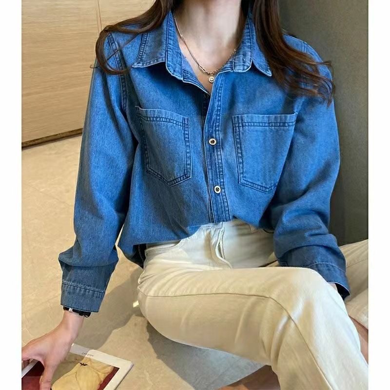 빈티지 데님 긴팔 셔츠 여성용 루즈 오버핏 진청 레이어링 진청색 S - 상세 이미지 3