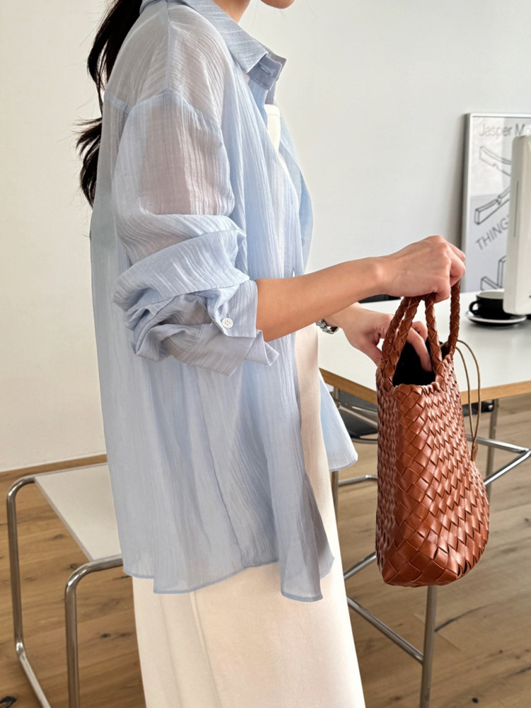 루즈핏 텐셀 링클프리 여성 봄 셔츠 블라우스 남방 여자 셔츠 브라운 하늘색 블루 - 상세 이미지 4