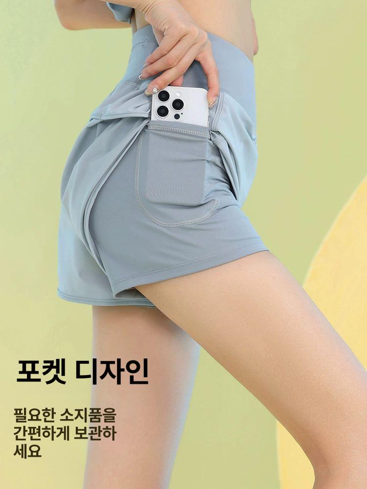 여성 러닝 쇼츠 팬츠 반팔 테니스 투인원 헬스복 드라이핏 숏팬츠 브리프 요가 라인드 연보라 두피스 회갈보라반바지 S - 상세 이미지 4