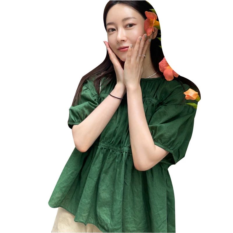 빈티지 그린퍼프소매셔츠 라운드넥 주름디테일 블라우스 린넨 긴팔 빅사이즈 반팔 빈티지그린 S 다크그린 - 상세 이미지 5