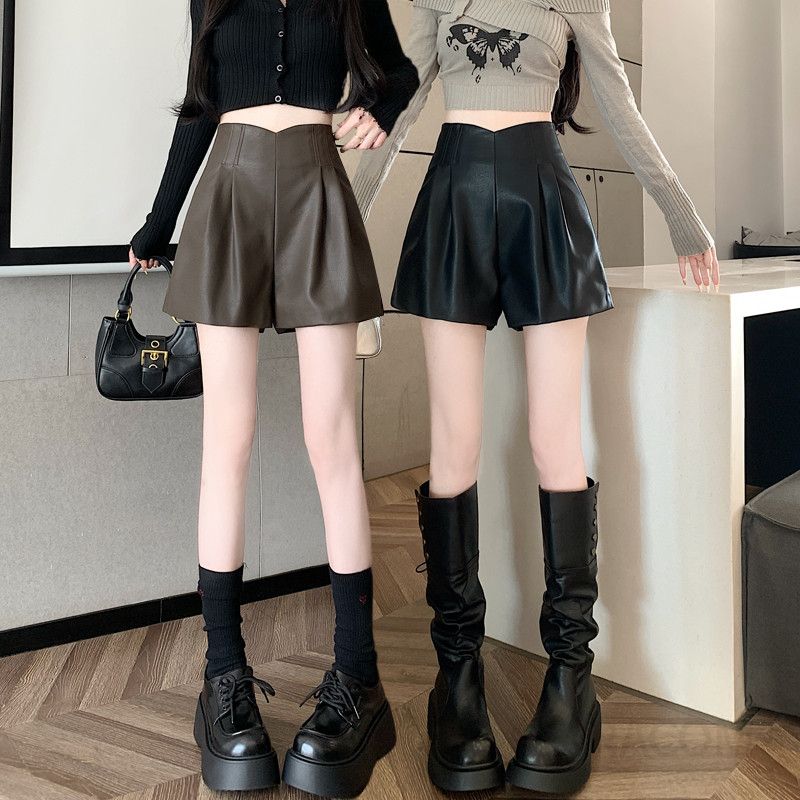 여성 가을 레자 반바지 하이웨이스트 와이드핏 주름 방지 매트한 가죽바지 스타일리시한 디자인 캐주얼 착용감 좋은 - 상세 이미지 2
