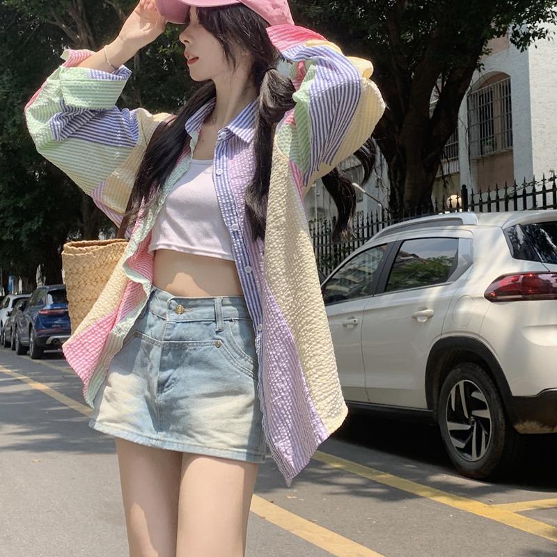 배색 체크 블라우스 트위드배색 루즈핏 브이넥 티블라우스 체크셔츠 스트라이프셔츠 오버핏 마카롱 컬러블록 M - 상세 이미지 3