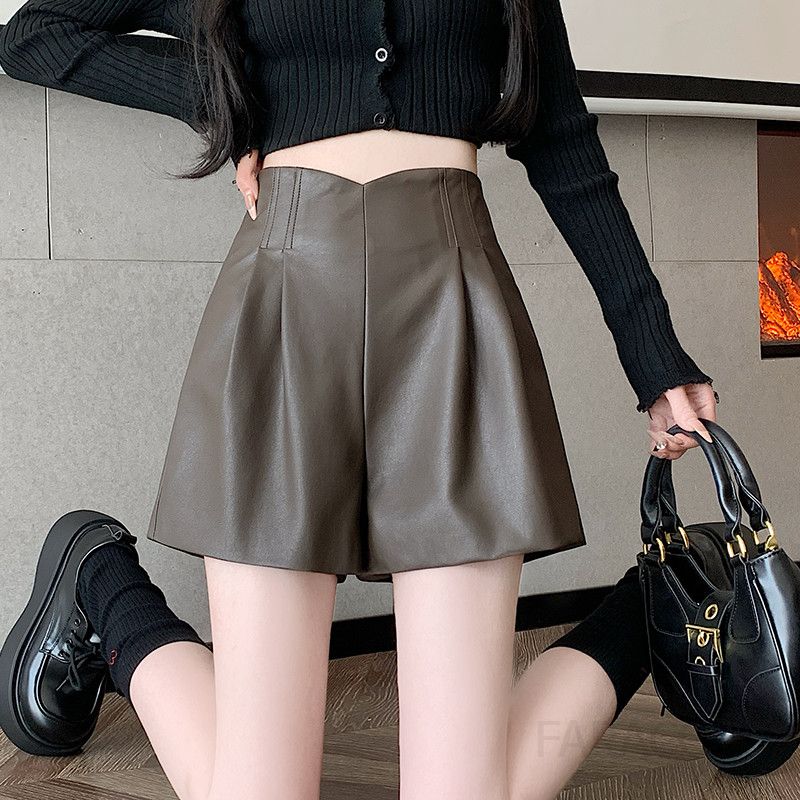 여성 가을 레자 반바지 하이웨이스트 와이드핏 주름 방지 매트한 가죽바지 스타일리시한 디자인 캐주얼 착용감 좋은 - 상세 이미지 3