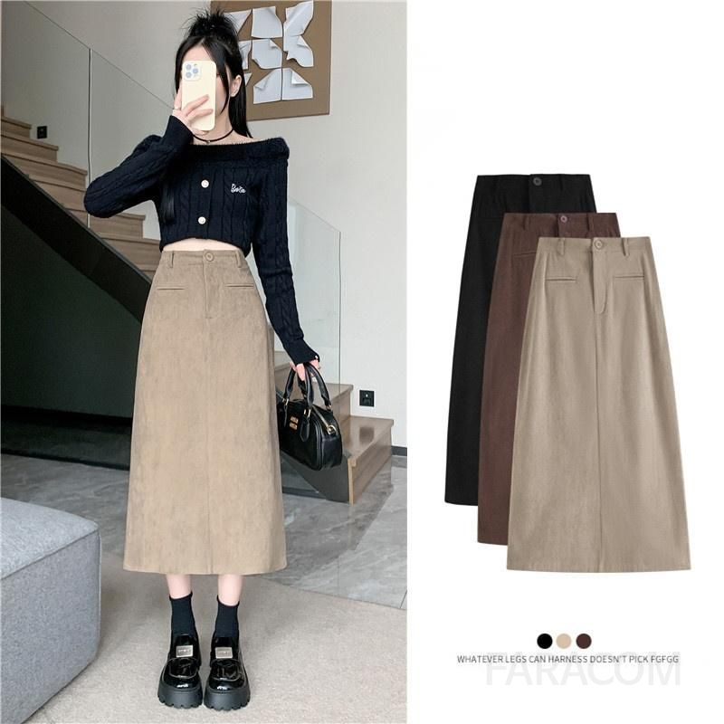 여성 커피 코듀로이 A라인 미디 스커트 가을 정장 스타일 슬림핏 편안한 착용감 데일리룩 오피스룩 활용 가능한 - 상세 이미지 4