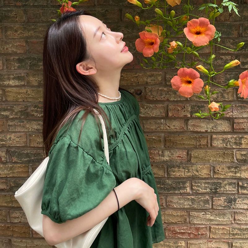 빈티지 그린퍼프소매셔츠 라운드넥 주름디테일 블라우스 린넨 긴팔 빅사이즈 반팔 빈티지그린 S 다크그린 - 상세 이미지 3