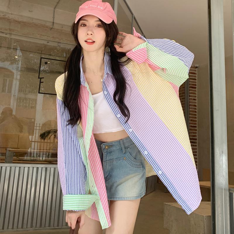 배색 체크 블라우스 트위드배색 루즈핏 브이넥 티블라우스 체크셔츠 스트라이프셔츠 오버핏 마카롱 컬러블록 M - 상품 이미지