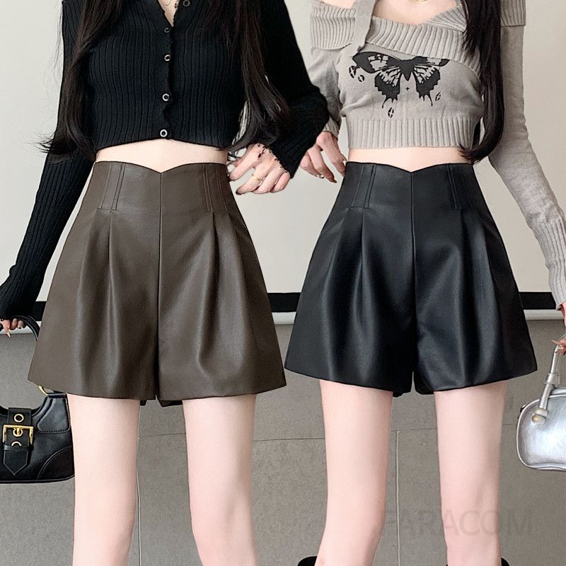 여성 가을 레자 반바지 하이웨이스트 와이드핏 주름 방지 매트한 가죽바지 스타일리시한 디자인 캐주얼 착용감 좋은 - 상품 이미지