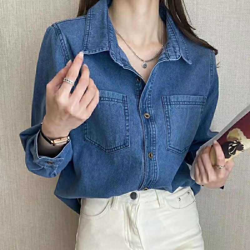 빈티지 데님 긴팔 셔츠 여성용 루즈 오버핏 진청 레이어링 진청색 S - 메인 이미지