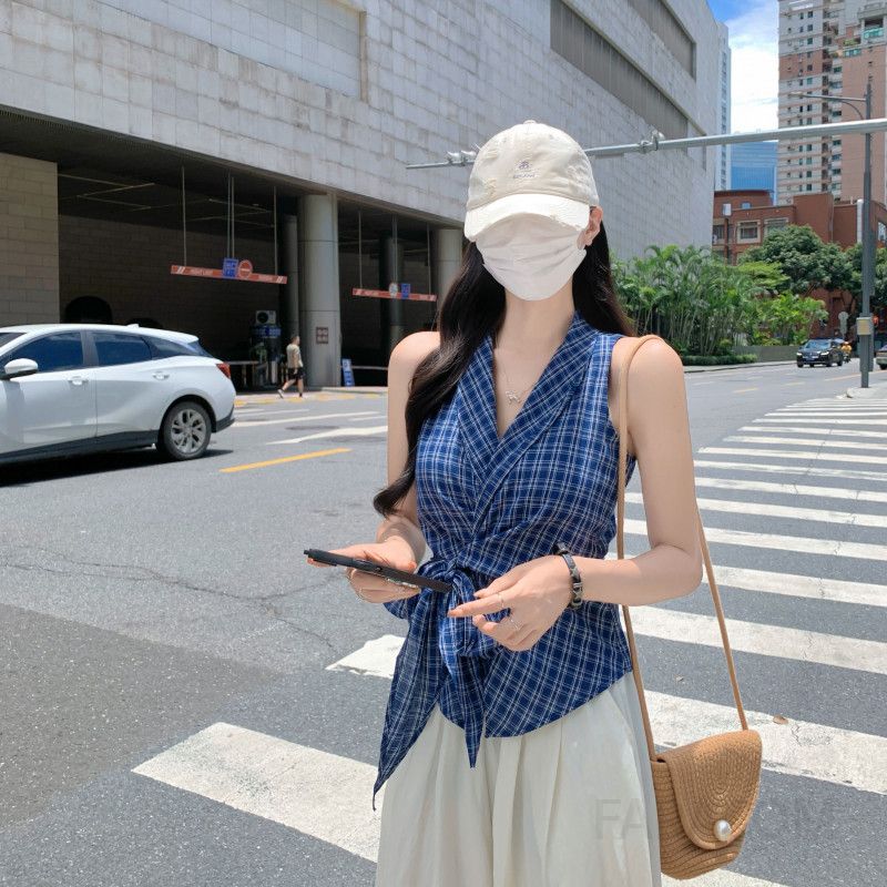 여름 여성 슬림핏 브이넥 나시 플레드 조끼 스타일리시한 민소매 이너웨어 시원한 착용감 데일리 탱크탑 - 상품 이미지