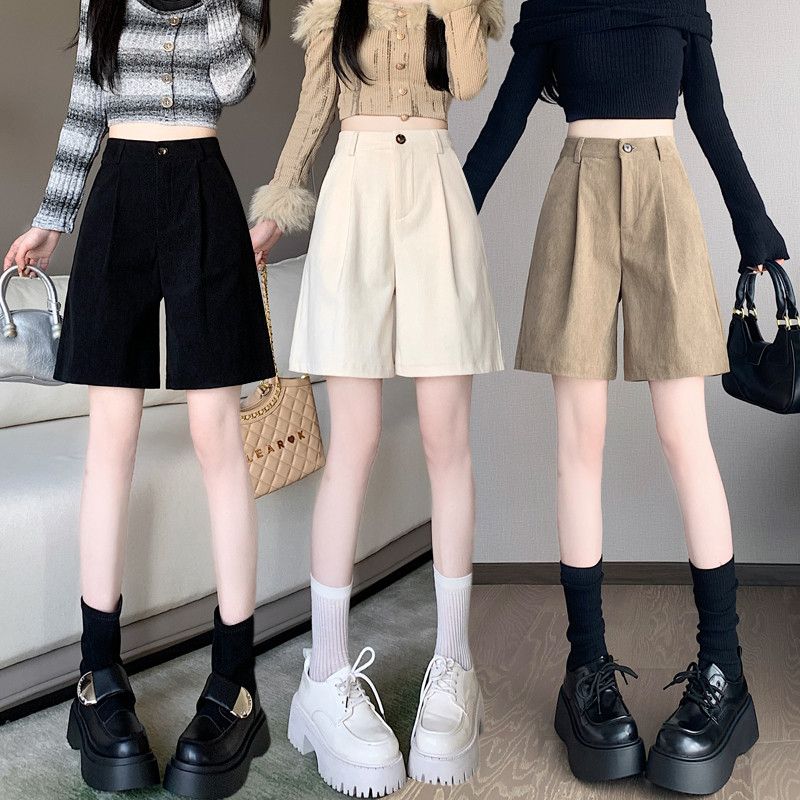 여성 겨울 코듀로이 하이웨이스트 와이드 팬츠 미디 길이 캐주얼 스타일 편안한 착용감 데일리룩 따뜻한 무드 부츠와 매치하기 좋은 반바지 - 상품 이미지