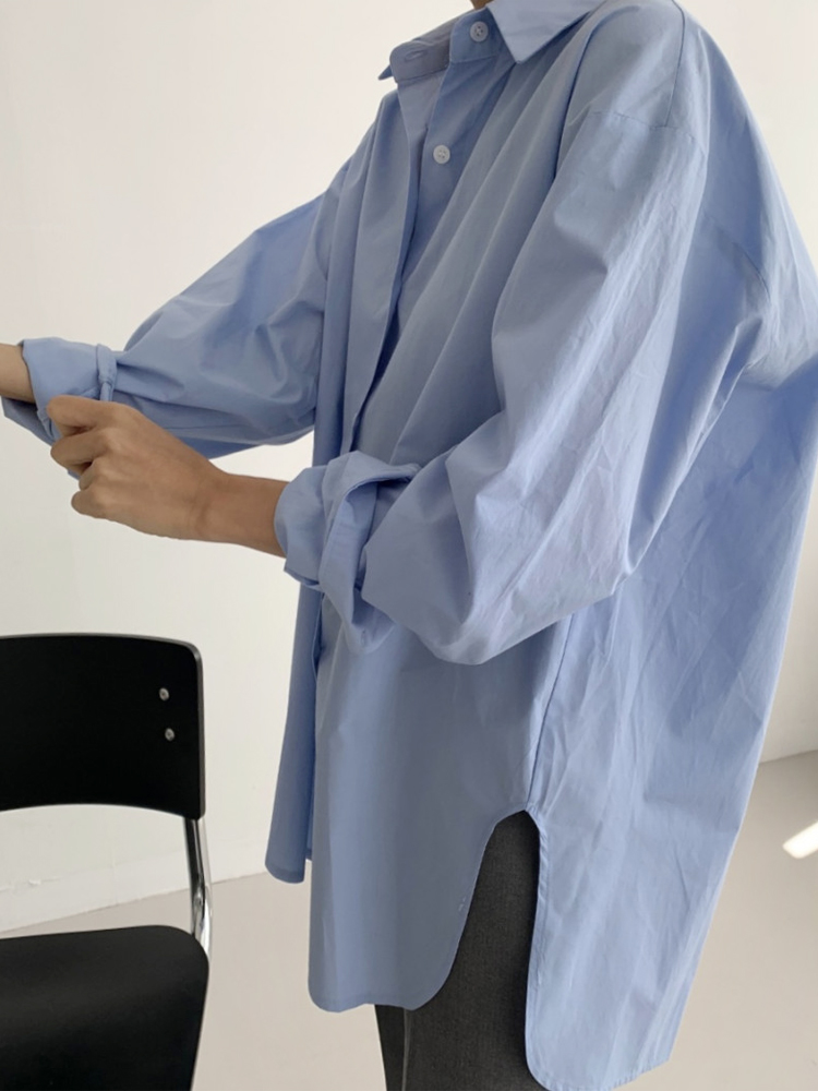 오버핏 바스락 코튼 플리츠 여성 셔츠 롱 남방 여자 가을 셔츠 빅사이즈 하늘색 블루 화이트 - 상세 이미지 4
