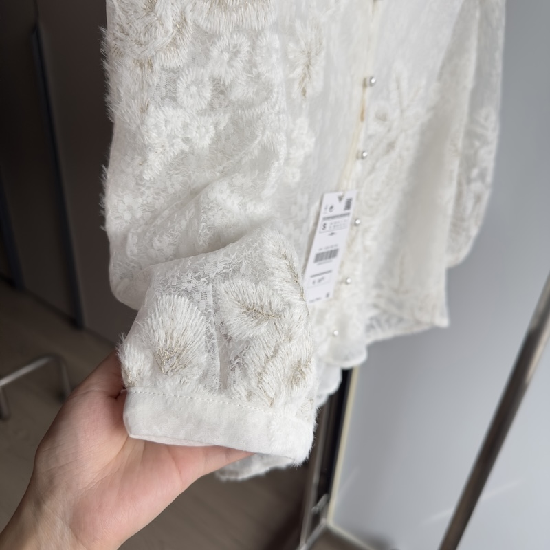 자수 블라우스 깃털자수 칠부소매 코바늘 아이보리블라우스 - 상세 이미지 5