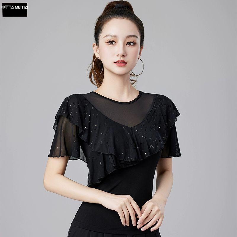 라인댄스복 상의 반팔 공연복 댄스티 밸리복 방송댄스 큐빅 화려한 슬림핏 셔링 댄스복상의 블랙 일반 상의 S - 상세 이미지 4