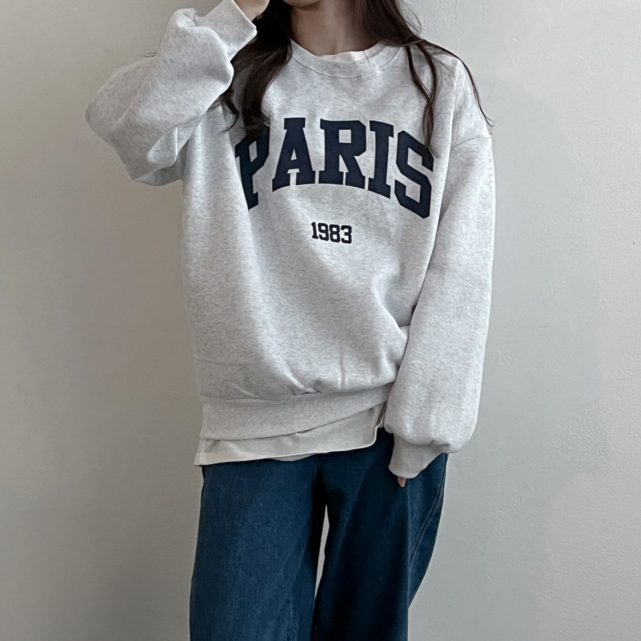 파리레터링맨투맨 여성오버핏 박스핏 라운드넥 긴팔가을티셔츠 백멜란지 베이지맨투맨 이미지 8