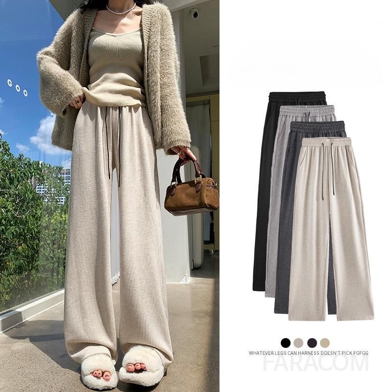 가을 겨울 여성용 모직 울 와이드팬츠 하이웨스트 밴딩 스타일 레트로 드레이프 캐주얼 바지 따뜻한 착용감 편안한 일자핏 데일리 룩 - 상품 이미지