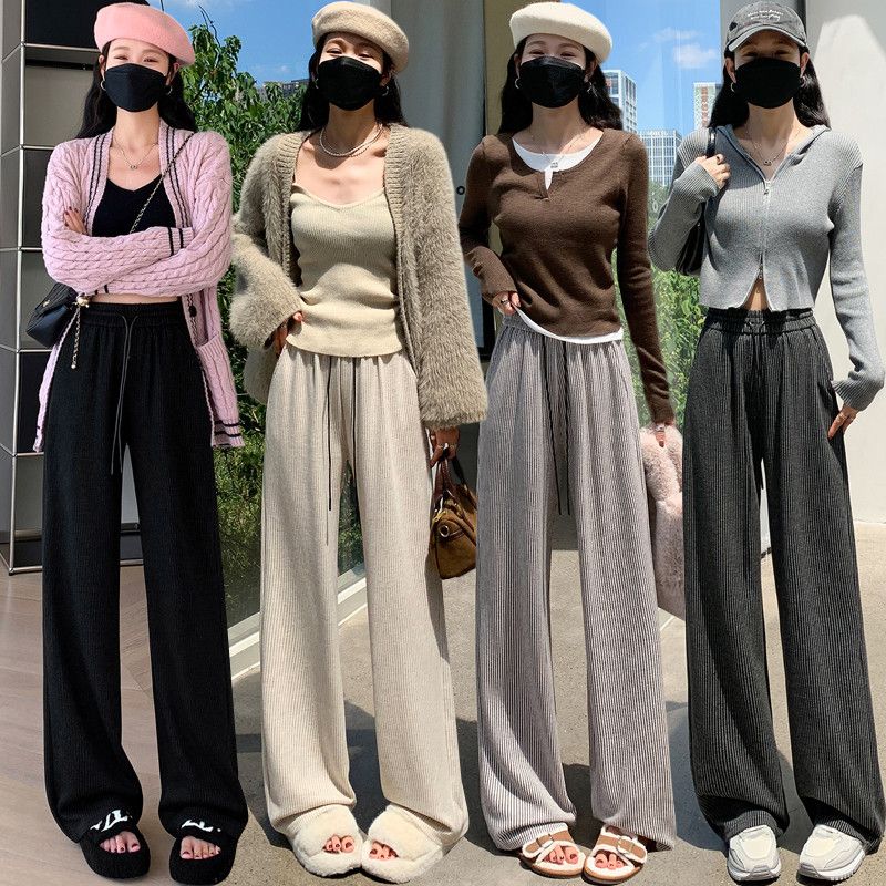 가을 겨울 여성용 모직 울 와이드팬츠 하이웨스트 밴딩 스타일 레트로 드레이프 캐주얼 바지 따뜻한 착용감 편안한 일자핏 데일리 룩 - 상세 이미지 2