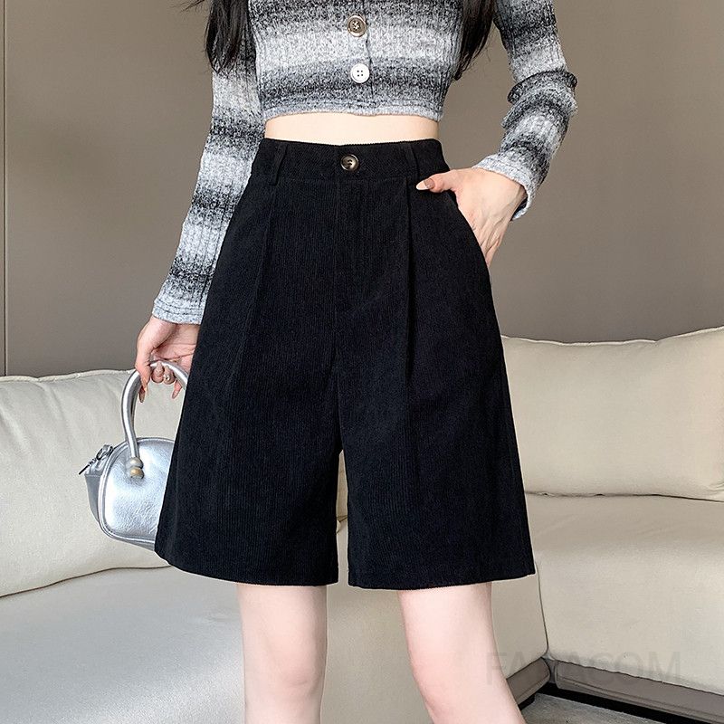 여성 겨울 코듀로이 하이웨이스트 와이드 팬츠 미디 길이 캐주얼 스타일 편안한 착용감 데일리룩 따뜻한 무드 부츠와 매치하기 좋은 반바지 - 상세 이미지 3